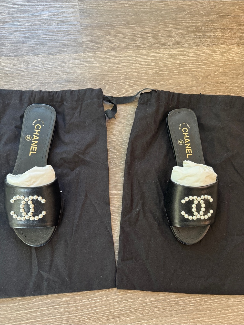 CHANEL Black Pearl-Detail Slide Mules